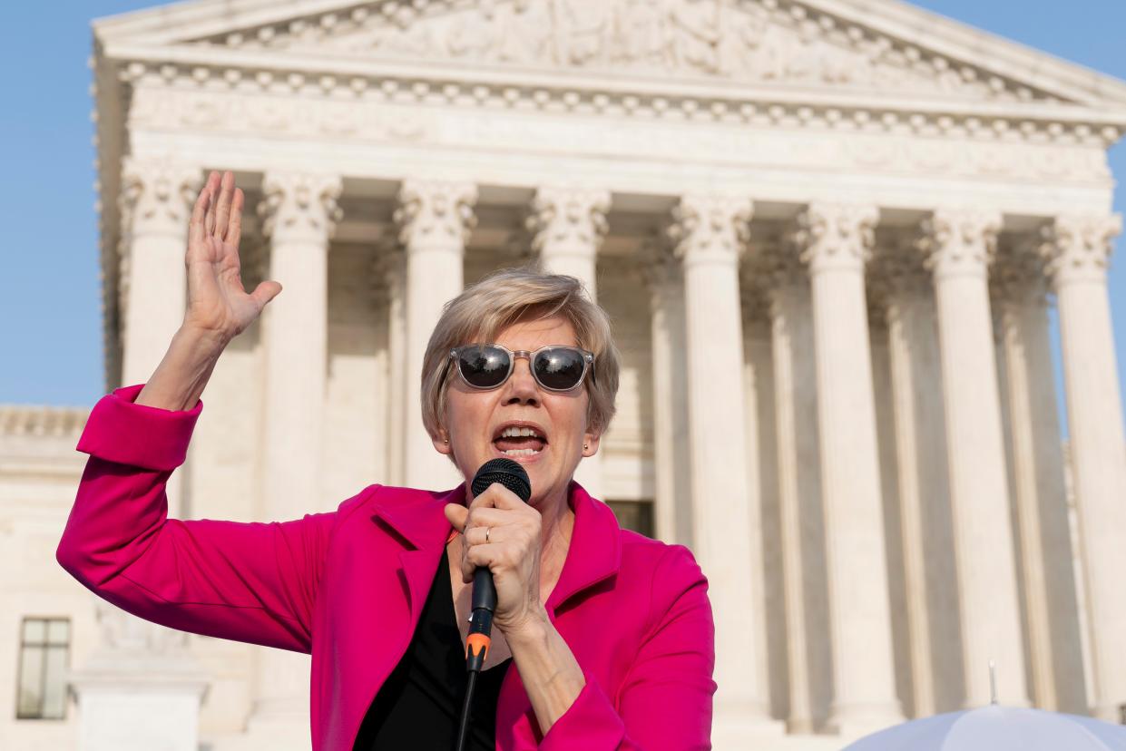 Massachusetts Sen. Elizabeth Warren, D-Mass., talks about abortion rights May 3 in front of the Supreme Court building. She is calling on the Senate to pass an abortion rights bill after a leaked draft majority opinion reportedly shows the nation's high court could overturn Roe v. Wade.