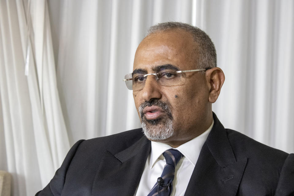 The president of the Yemen’s Southern Transitional Council Aidarous Al-Zubaidi sits for an interview, Friday, Sept. 22, 2023, in New York, while attending the United Nations General Assembly's annual high-level meeting of world leaders. Al-Zubaidi said that he will prioritize the creation of a separate country in negotiations with their rivals, the Houthi rebels. (AP Photo/Ted Shaffrey)