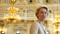 European Commission President Ursula von der Leyen arrives for a round table meeting at an EU Summit in Prague, Czech Republic, Friday, Oct 7, 2022. European Union leaders converged on Prague Castle Friday to try to bridge significant differences over a natural gas price cap as winter approaches and Russia's war on Ukraine fuels a major energy crisis. (AP Photo/Petr David Josek)