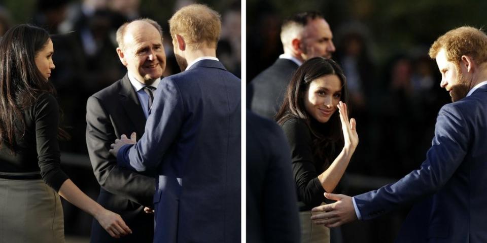 There's mirroring going on in these two shots; both Meghan and Harry&nbsp;look protective, reaching out as if to check in&nbsp;with one another while meeting the public. Sure, Meghan is used to being in the public eye as an actress, but&nbsp;life under the spotlight as a royal is an entirely new stratosphere of fame.&nbsp;<br /><br />"You see that she wants that connection and comfort in these very public situations," Brown said. "Harry's more comfortable in them than she is&nbsp;at this point. It's really something to adjust to."