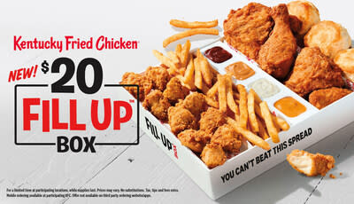 A partir del 30 de junio, KFC presentará una nueva Fill Up Box de $20 que podrá disfrutar toda la familia. La caja para compartir está repleta de una variedad de favoritos de KFC que incluye 12 piezas de los NUEVOS Kentucky Fried Chicken Nuggets de KFC, cuatro piezas de pollo, papas fritas con la receta secreta, cuatro panecillos y salsas a elección. (PRNewsfoto/Kentucky Fried Chicken)