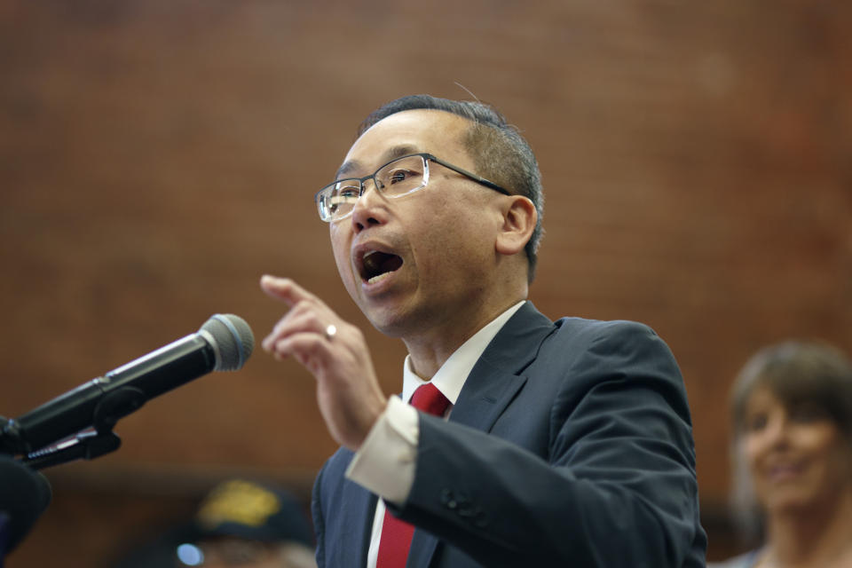 FILE - Former Cranston, R.I., Mayor Allan Fung speaks at his campaign kickoff event, Tuesday, April 26, 2022, at the Varnum Memorial Armory, in East Greenwich, R.I. Fung, a two-time Republican gubernatorial candidate in Rhode Island, is running for the state's seat in Congress being vacated by Democratic U.S. Rep. Jim Langevin. (AP Photo/David Goldman, File)