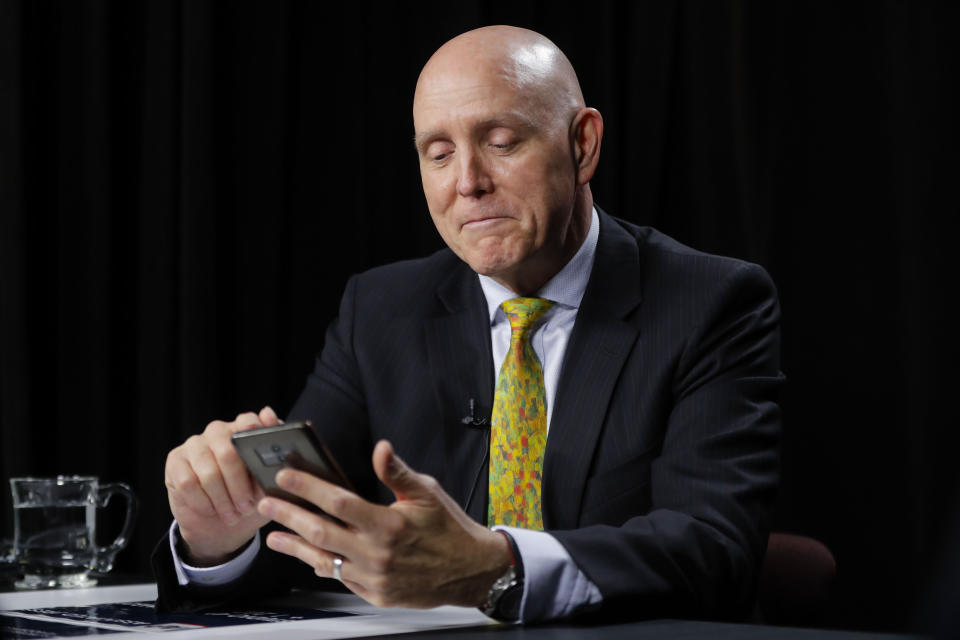 Huawei Chief Technology Officer Paul Scanlan, during an interview with the Associated Press in Washington, Friday, Oct. 18, 2019. Scanlan says the company wants to be open and transparent in persuading the U.S. government that national security concerns about its technology are unfounded. (AP Photo/Pablo Martinez Monsivais)