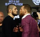 Sep 20, 2018; New York, NY, USA; Khabib Nurmagomedov and Conor McGregor face off during a press conference for UFC 229 at Radio City Music Hall. Mandatory Credit: Noah K. Murray-USA TODAY Sports
