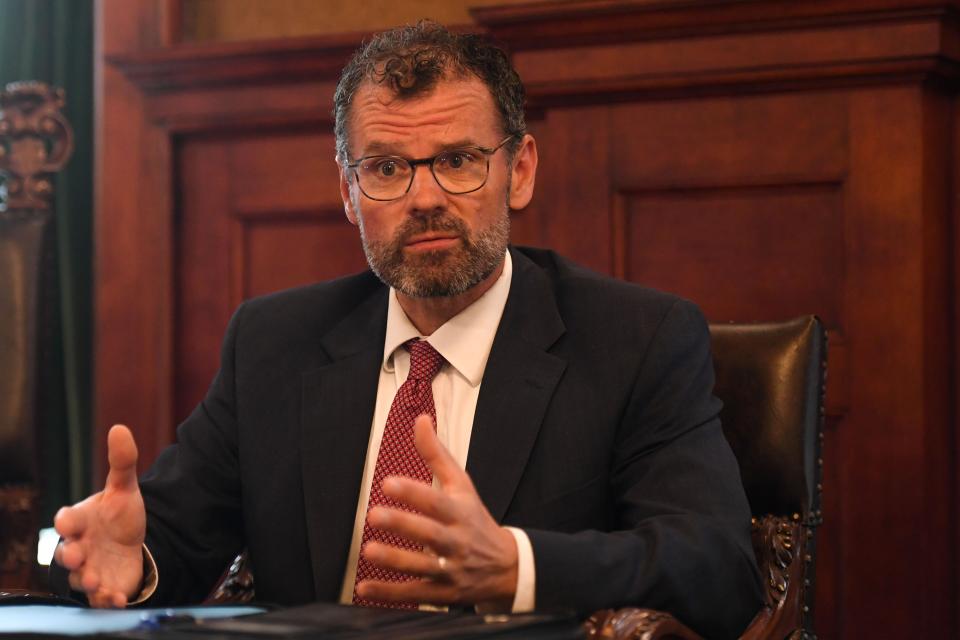 Secretary of Social Services Matt Althoff speaks to Argus Leader and South Dakota Searchlight reporters about the indigenous child welfare laws during an interview on Tuesday, Sept. 26, 2023 at the South Dakota State Capital in Pierre, South Dakota.