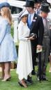 <p>Since her wedding day, Meghan is clearly having a Givenchy moment and arrived at Royal Ascot in a <a href="https://www.cosmopolitan.com/uk/fashion/celebrity/a21613919/meghan-markle-royal-ascot-2018-givenchy-dress/" rel="nofollow noopener" target="_blank" data-ylk="slk:button down white dress;elm:context_link;itc:0;sec:content-canvas" class="link ">button down white dress</a> by the design house. Sticking to a monochrome look, Meghan paired it with black accessories including a Philip Treacy hat.</p>