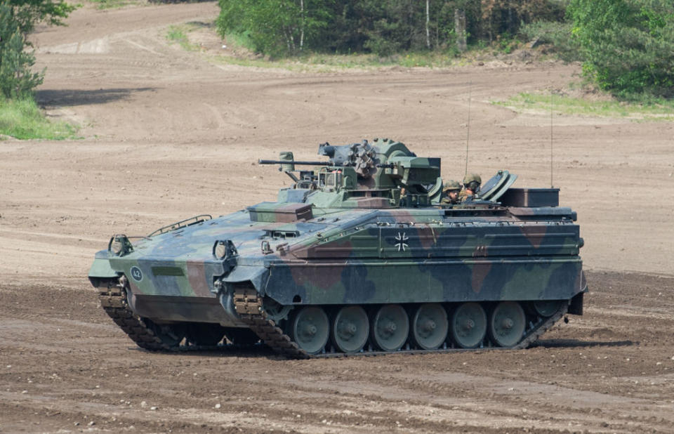 During a demonstration of the Very High Readiness Joint Task Force (VJTF), a Marder infantry fighting vehicle drives on a training field in 2019.<span class="copyright">Christophe Gateau—Picture Alliance/Getty Images</span>