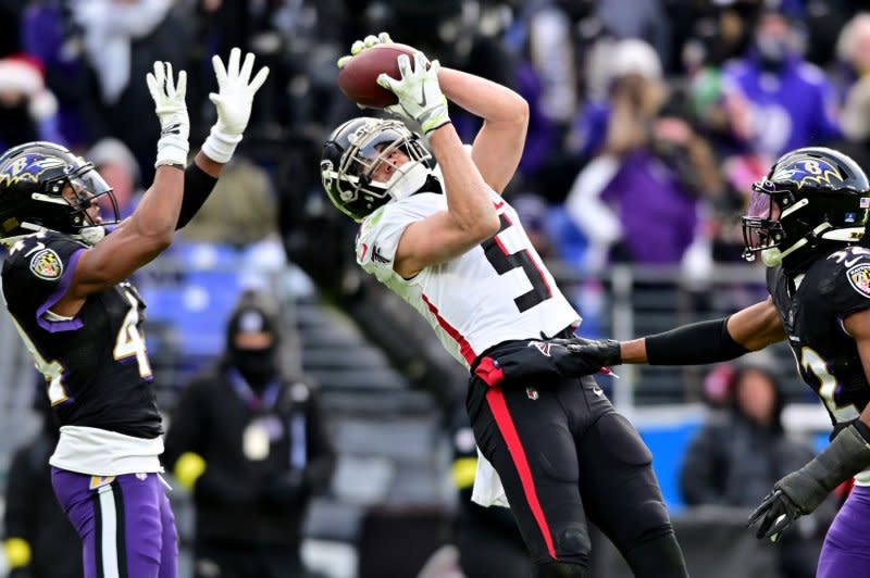 Atlanta Falcons pass catcher Drake London (C) is my No. 20 fantasy football wide receiver for Week 1. File Photo by David Tulis/UPI