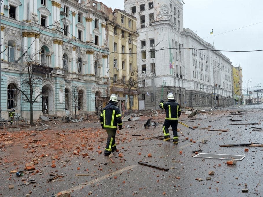 Constitution Square in Ukraine damaged by Russian shelling