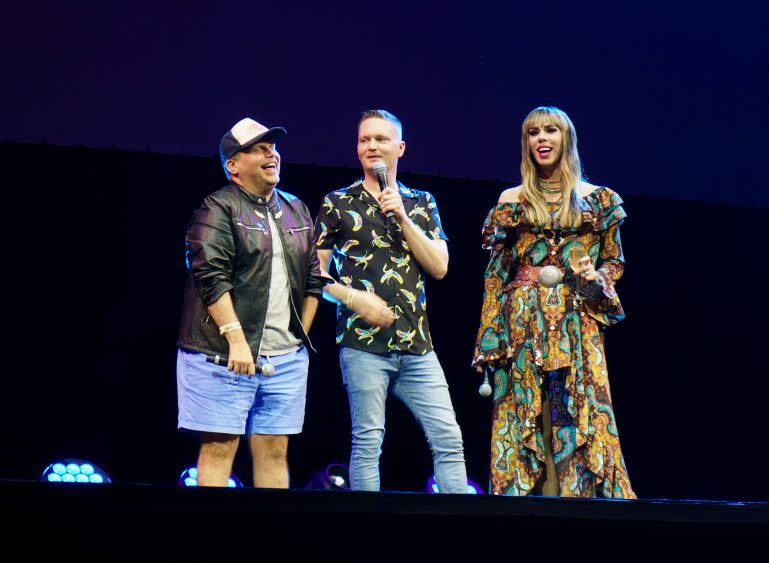 L-R Danny Rhodes, Nathan Adloff and cast member Kelly Mantle introduce ‘Cock N’ Bull 3′ at the Ford Amphitheatre in Hollywood Friday, July 22, 2022 - Credit: Courtesy of Matthew Carey