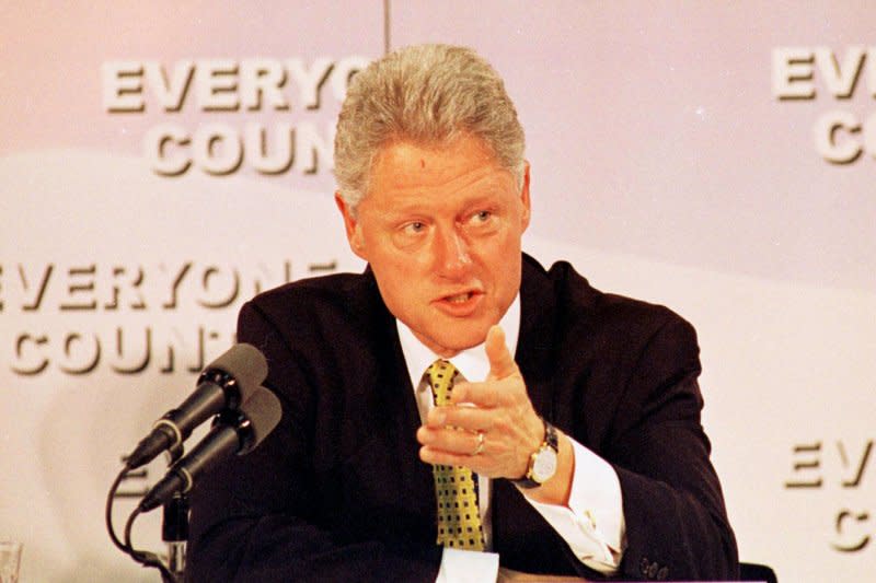 President Bill Clinton makes a point as he participates June 2, 1998, in a roundtable discussion in Houston on the importance of the upcoming Census 2000. On January 17, 1998, U.S. President Bill Clinton denied in a sworn deposition that he had an affair with former White House intern Monica Lewinsky. File Photo by George Wong/UPI