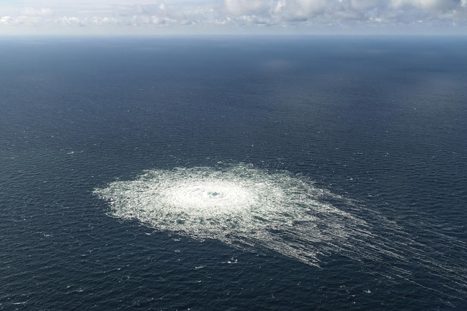 FILE - A large disturbance in the sea can be observed off the coast of the Danish island of Bornholm Tuesday, Sept. 27, 2022 following a series of unusual leaks on two natural gas pipelines running from Russia under the Baltic Sea to Germany have triggered concerns about possible sabotage. The suspected sabotage this week of two gas pipelines that tied Russia and Europe together is driving home how vital yet weakly protected undersea infrastructure is vulnerable to attack, with potentially catastrophic repercussions for the global economy. (Danish Defence Command via AP, File)