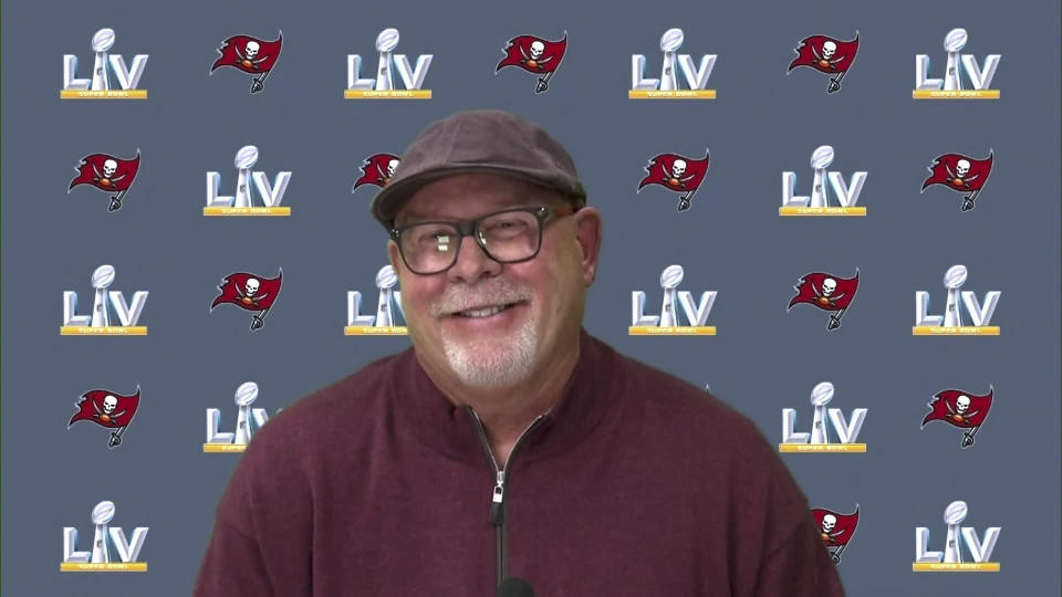 In this still image from video provided by the NFL, Tampa Bay Buccaneers head coach Bruce Arians speaks during Super Bowl 55 Opening Night, Monday, Feb. 1, 2021. (NFL via AP)