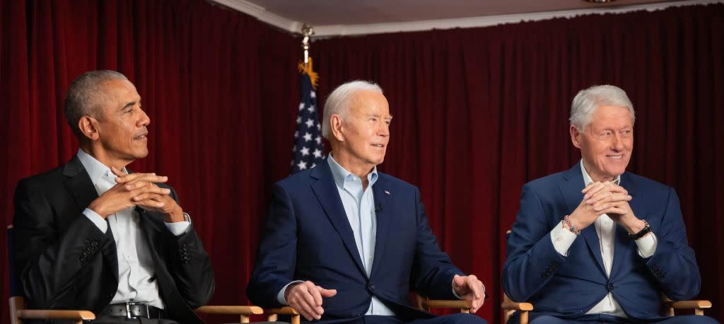 President Joe Biden (center) is joined by former President Barack Obama (left) and former President Bill Clinton (right) for an interview in New York City. (Photo credit: Biden for President)
