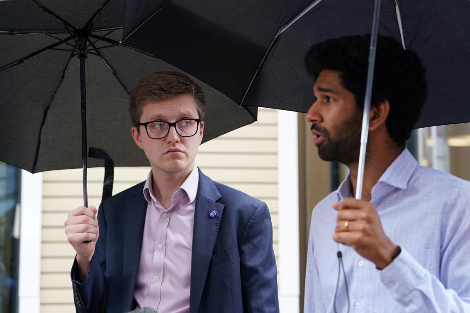 Dr Robert Laurenson (left) and Vivek Trivedi, the co-chairmen of the BMA’s junior doctors’ committee, speak to the media after leaving the Department for Health (Lucy North/PA) (PA Wire)