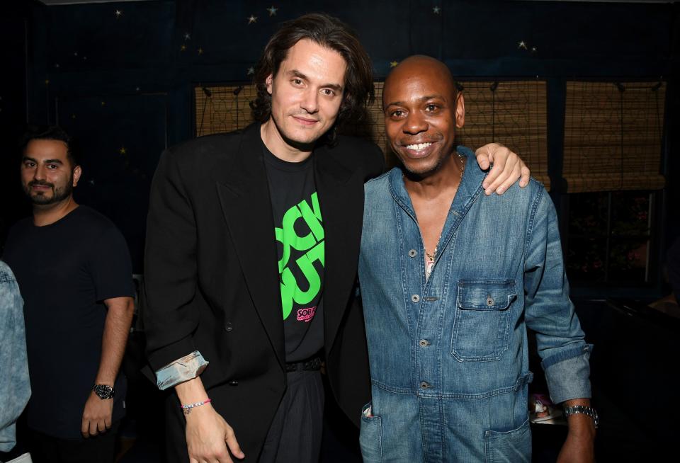 John Mayer (L) and Dave Chappelle attend the "Sob Rock" Listening Party at San Vicente Bungalows on July 15, 2021 in West Hollywood, California.