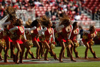 <p>The San Francisco 49ers Gold Rush cheerleaders perform during their NFL game against the Arizona Cardinals at Levi’s Stadium on November 5, 2017 in Santa Clara, California. (Photo by Lachlan Cunningham/Getty Images) </p>