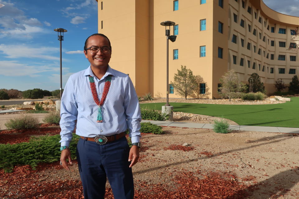 Buu Van Nygren poses for a photograph before a Navajo Nation Presidential forum at a tribal casino outside Flagstaff Arizona, on Tuesday, June 21, 2022. Nygren is among 15 candidates seeking the top leadership post on the largest Native American reservation in the U.S. (AP Photo/Felicia Fonseca)