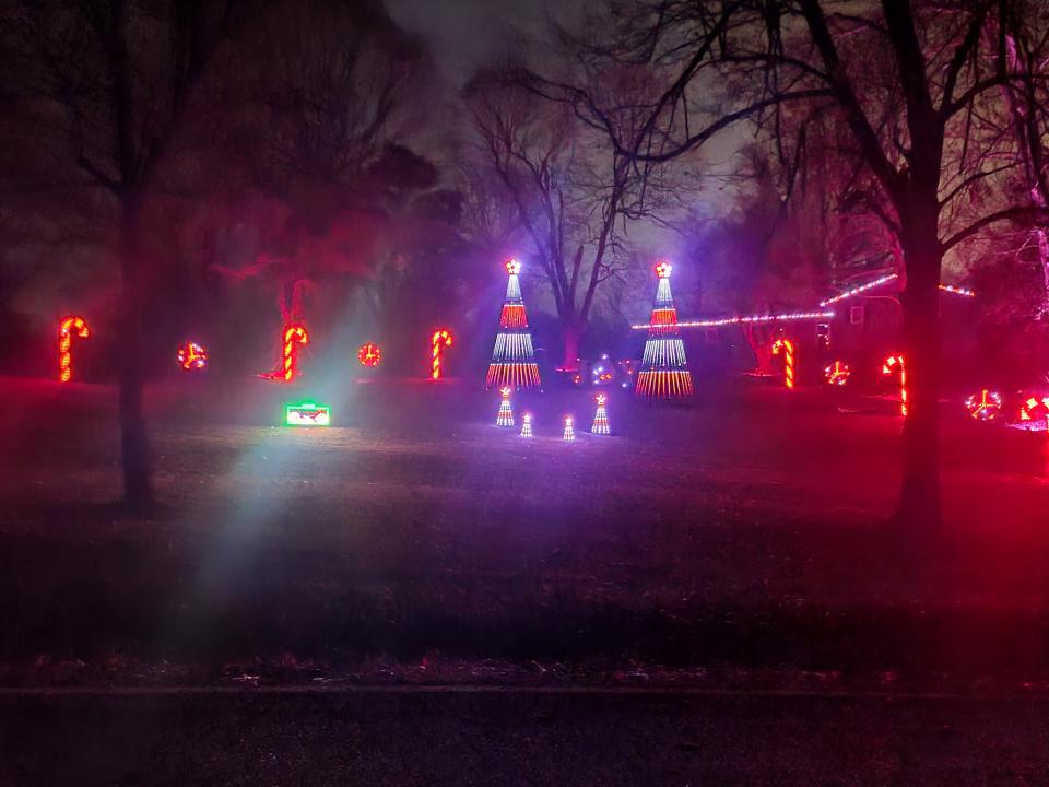 The Shine Bright Lighting Show is located at 7094 N. Farm Road 171. The display features two 17-foot trees and 8,000 pixel lights. The entire display is set to music, accessible at 94.1 FM. The display is synchronized to four songs and takes about 12 minutes to watch in full.