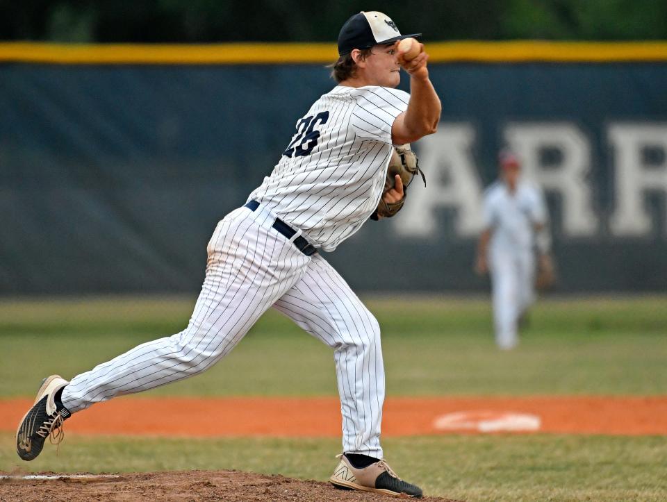 Parrish Community's Jacob Traeger pitches against Braden River, Friday evening April 14, 2023.