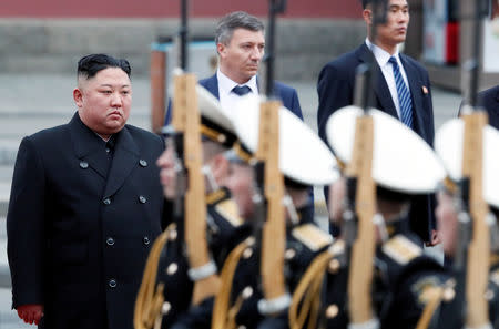 North Korean leader Kim Jong Un attends a welcome ceremony as he arrives at the railway station in the Russian far-eastern city of Vladivostok, Russia, April 24, 2019. REUTERS/Shamil Zhumatov