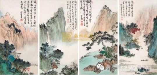 齊白石的「山水四條屏鏡框設色紙本」，在2011年以6325萬人民幣拍賣成交。（圖／翻攝自拍賣公司網站）