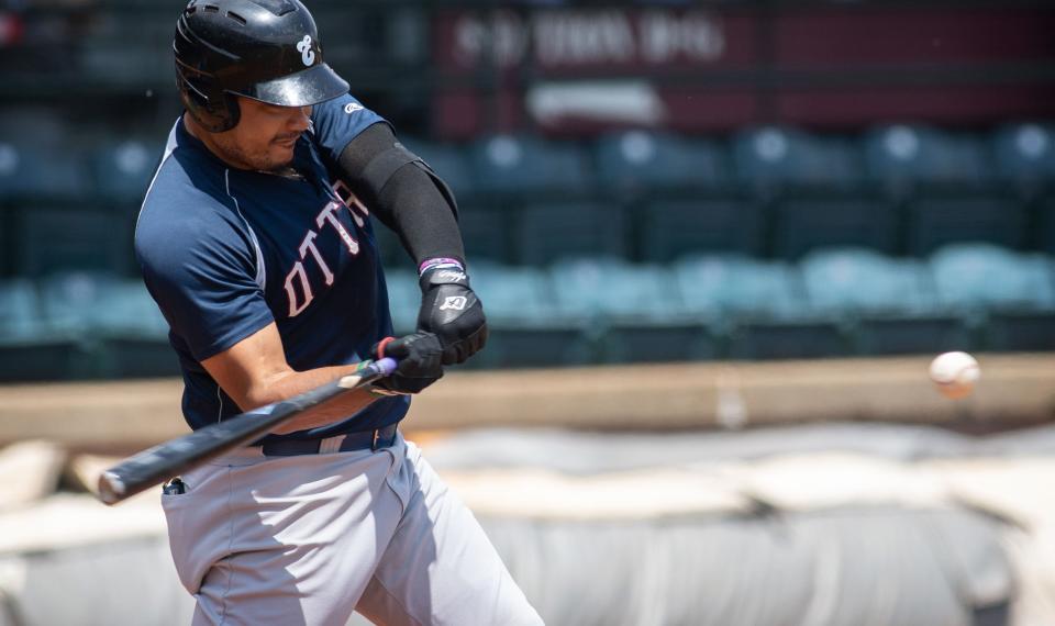 Evansville's Jomar Reyes takes a cut as the Otters take on the Black Sox in an exhibition game for Education Day at Bosse Field Tuesday morning, May 9, 2023. 