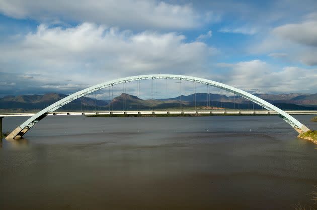 The Theodore Roosevelt Lake Dam bridge, near the Roosevelt Dam at the intersection of state routes 88 and 188, west of Phoenix.