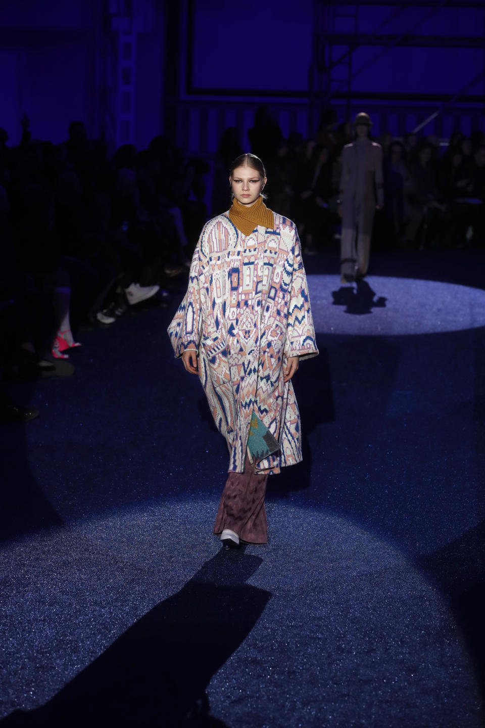 A model wears a creation as part of the Missoni women's Fall-Winter 2019-2020 collection, that was presented in Milan, Italy, Saturday, Feb.23, 2019. (AP Photo/Antonio Calanni)