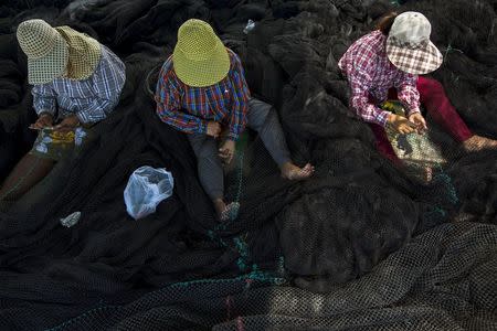 Local fishermen fix their net as fishing operations stopped at a port in Samut Sakhon province, Thailand, July 1, 2015. REUTERS/Athit Perawongmetha