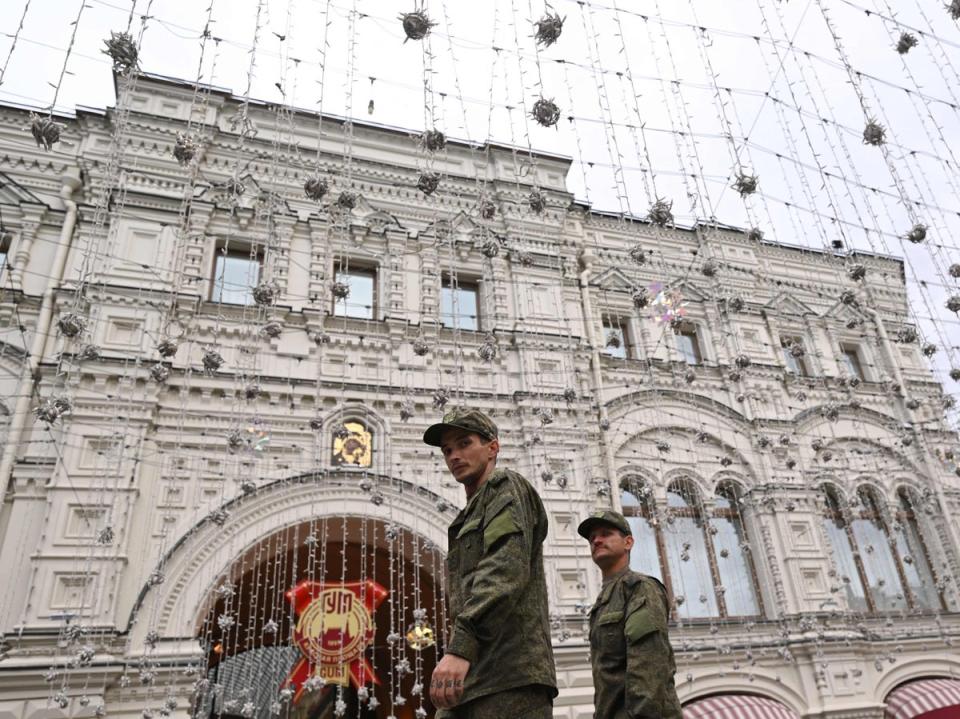 Russian servicemen in central Moscow yesterday (AFP)