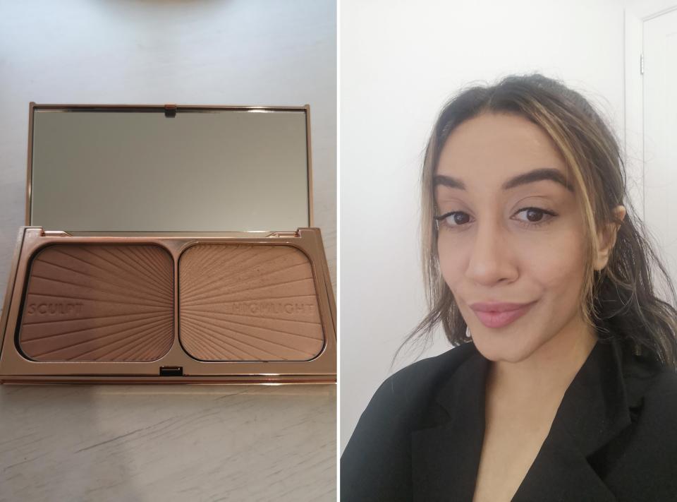 Charlotte Tilbury's Filmstar Bronze & Glow contour palette and the author after use.