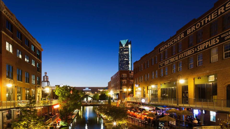 Bricktown at night in Oklahoma City, Oklahoma