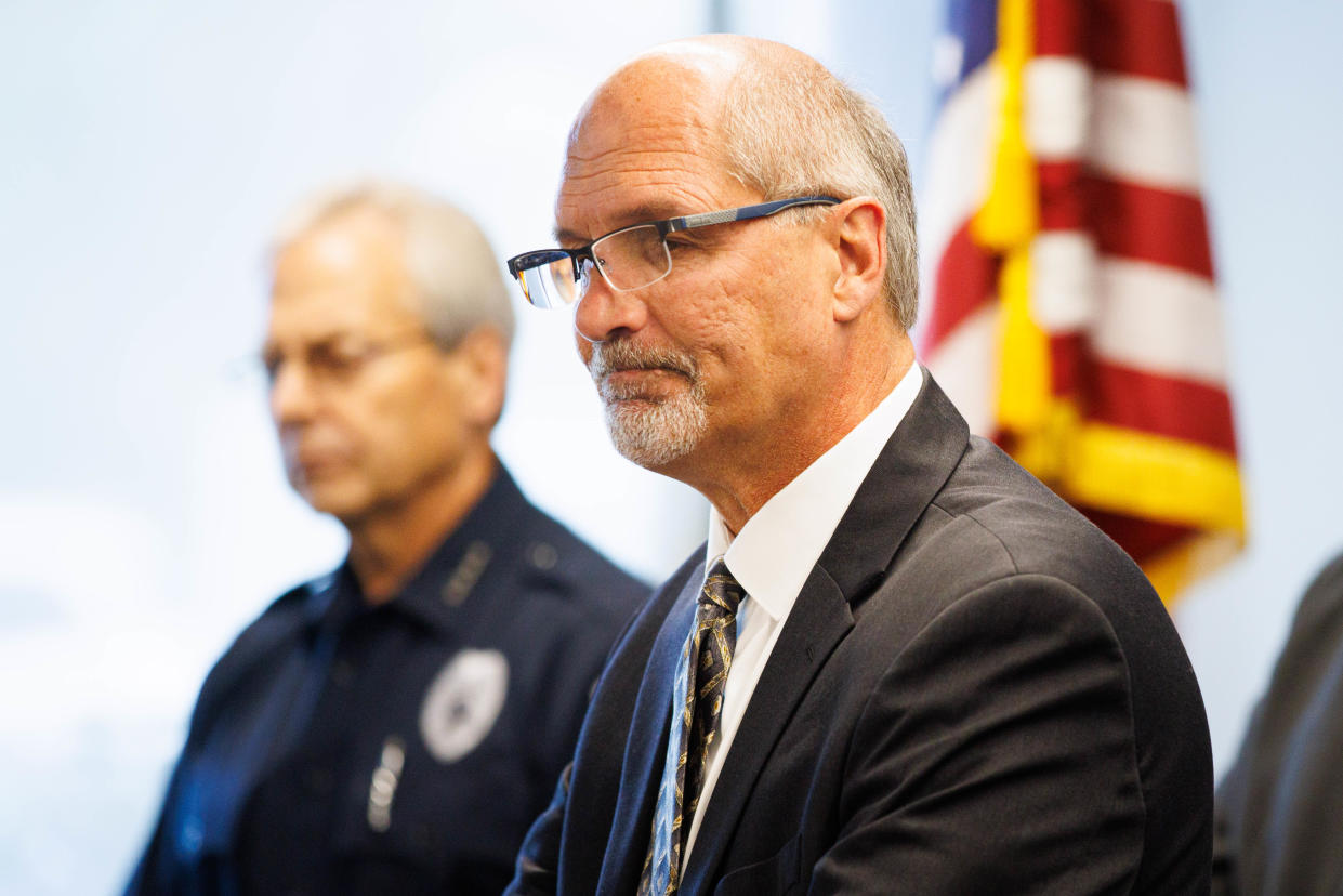 St. Joseph County Prosecuting Attorney Kenneth Cotter chokes up while addressing media during a press conference at the Mishawaka Police Department on Thursday, June 27, 2024, in Mishawaka. Cotter announced at the press conference that the officer involved shooting on June 11 that lead to the death of civilian John Neiswender was legally justified.