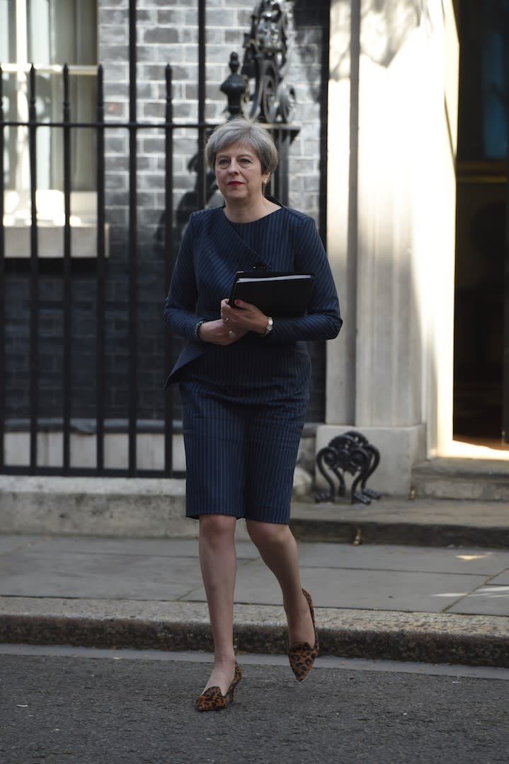 To announce a snap election, May chose a pinstripe co-ord by Daniel Blake [Photo: Getty]