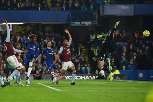 Tammy Abraham (second left) opens the scoring for Chelsea against Aston Villa