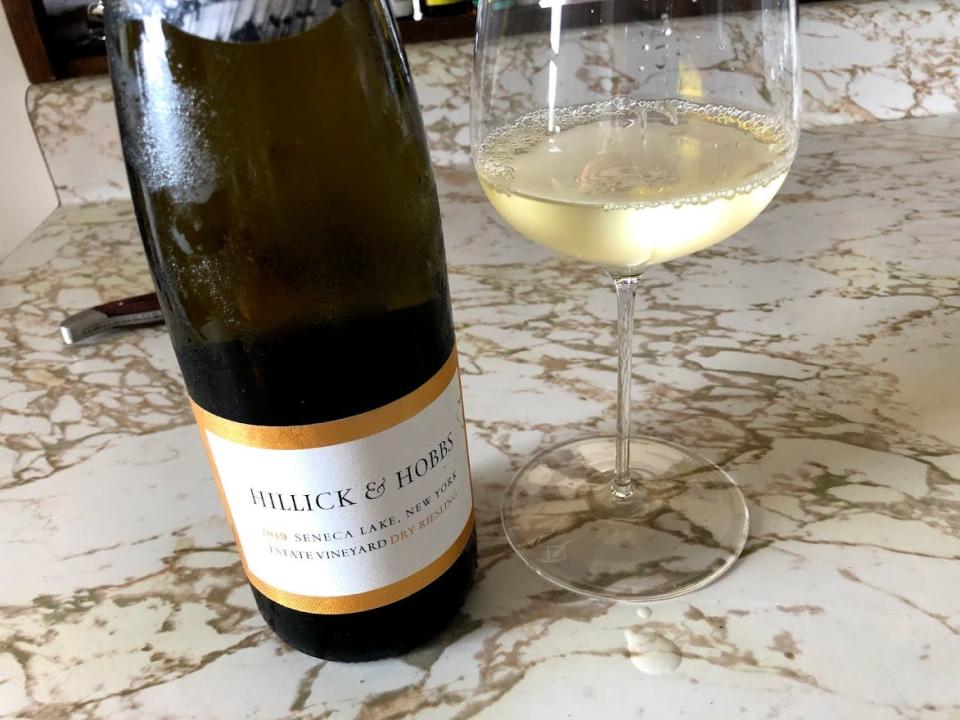 A bottle of 2019 Hillick & Hobbs Estate Vineyard dry riesling is enjoyed on a hot summer day in July 2021, two months after its release.