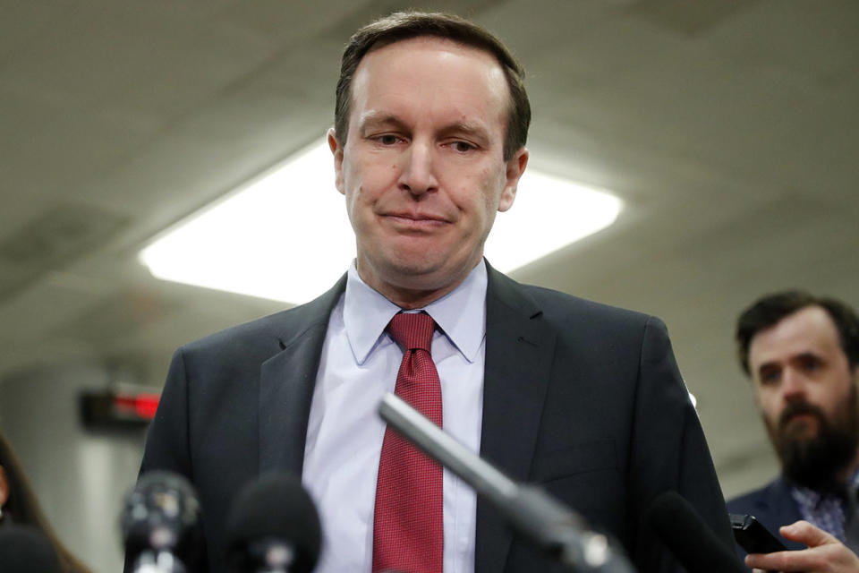 Sen. Chris Murphy, D-Conn., pauses while speaking to members of the media after leaving a closed door meeting about Saudi Arabia, Wednesday, Nov. 28, 2018, on Capitol Hill in Washington. 
