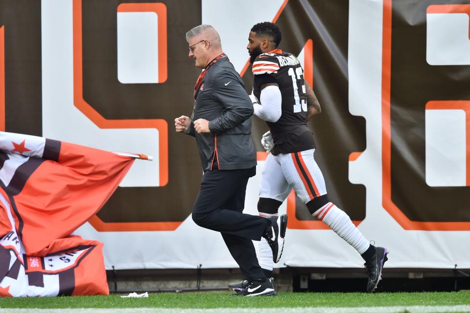 Cleveland Browns wide receiver Odell Beckham Jr. runs to the locker room during the first half of an NFL football game against the Arizona Cardinals, Sunday, Oct. 17, 2021, in Cleveland. (AP Photo/David Richard)