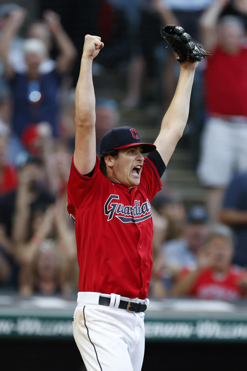 Cleveland Guardians starting pitcher Cal Quantrill celebrates a defensive play that saved a run, against the Boston Red Sox during the fifth inning of a baseball game Friday, June 24, 2022, in Cleveland. (AP Photo/Ron Schwane)