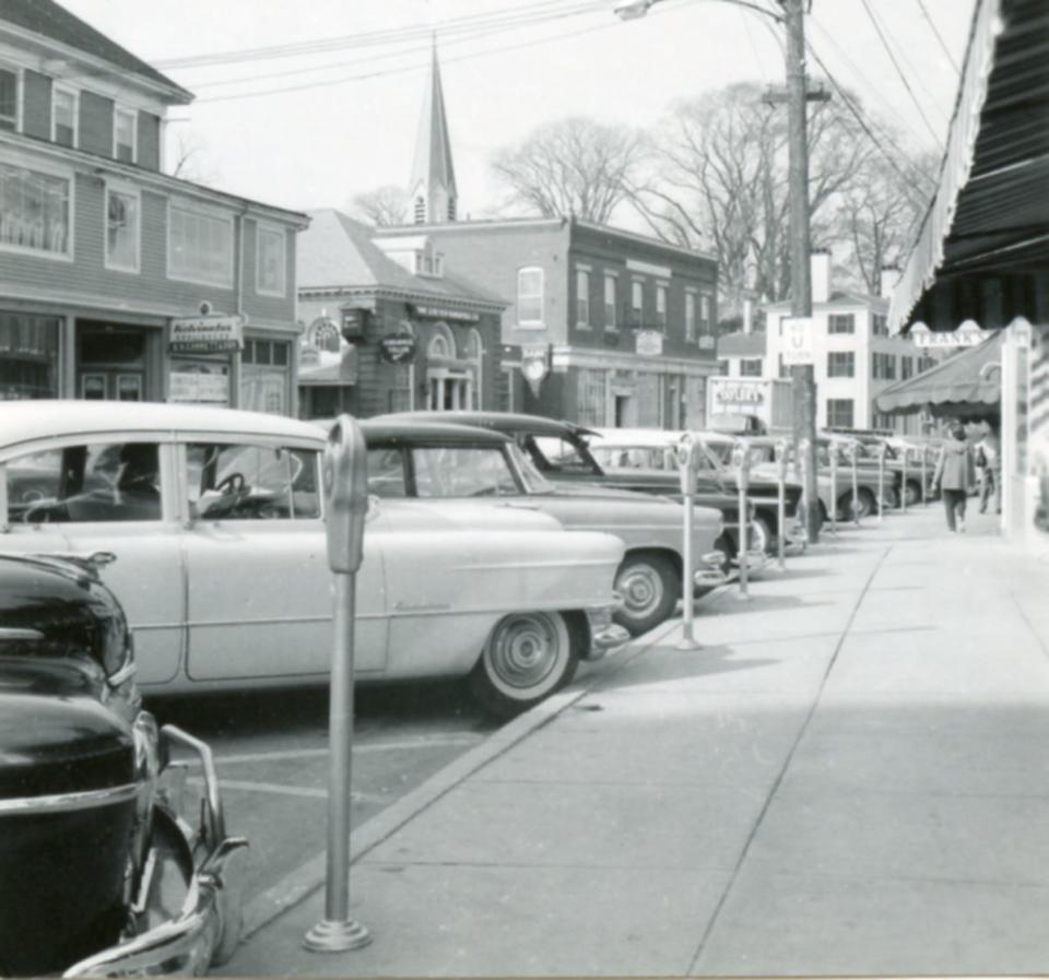 Parking meters on Water Street in 1955. The meters cost five cents per hour during their tenure from 1947 to 1973.