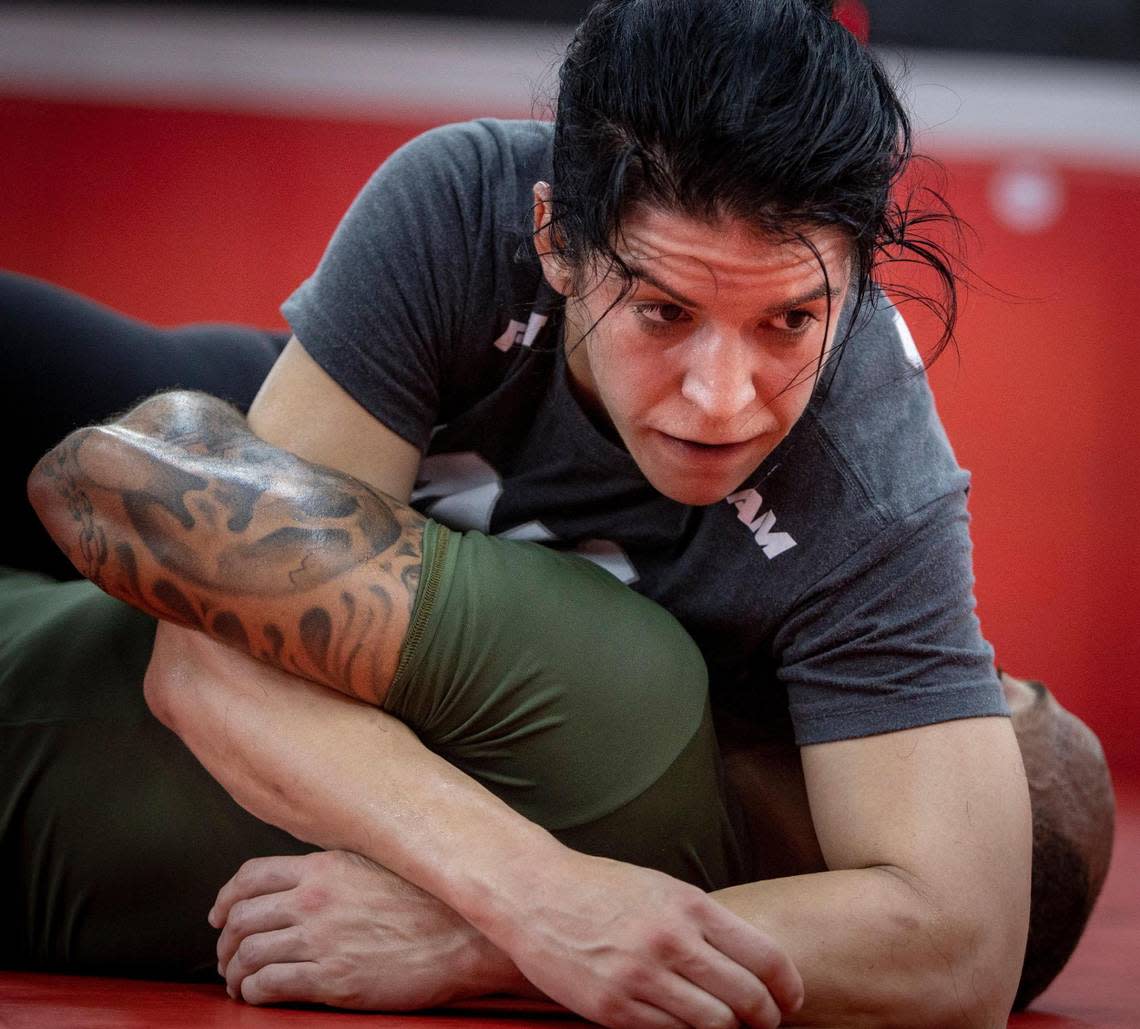 Ana Bozovic grapples with a training partner at the MMA Masters gym in Hialeah where she trains six days a week as a competitive jiujitsu fighter.