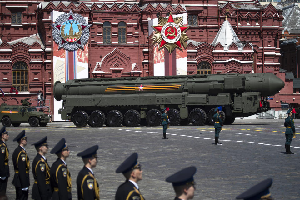 Russian army RS-24 Yars ballistic missile makes its way through the Red Square during the Victory Day military parade marking the 75th anniversary of the Nazi defeat in WWII, in Moscow, Russia, Wednesday, June 24, 2020. The Victory Day parade normally is held on May 9, the nation's most important secular holiday, but this year it was postponed due to the coronavirus pandemic. (AP Photo/Pavel Golovkin, Pool)