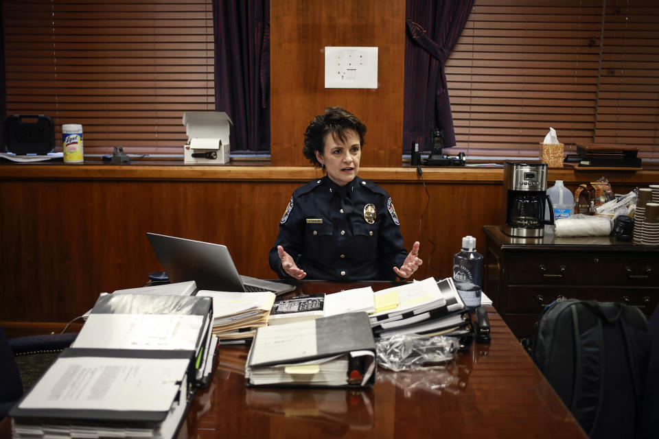 Louisville Metro Police Chief Erika Shields during an interview at Police Headquarters in Louisville, Ky., on Oct. 25, 2021. (Luke Sharrett / The Washington Post via Getty Images file)