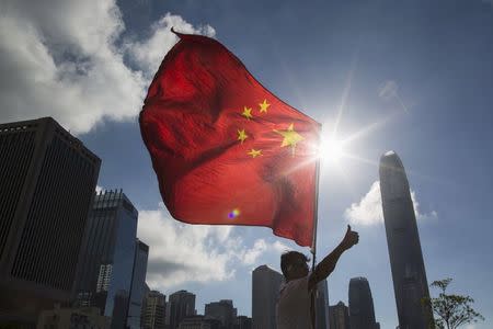 A pro-China supporter gives a thumbs up as he walks with a Chinese flag during a demonstration outside Legislative Council in Hong Kong, China June 17, 2015. REUTERS/Tyrone Siu