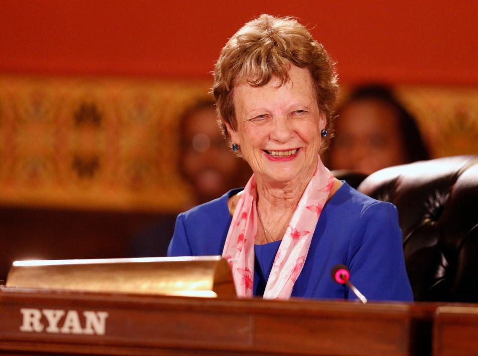 Fran Ryan smiles during her first meeting back on City Council after replacing Michelle Mills' term which expires at the end of the year on September 28, 2015.