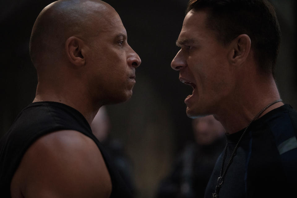 Dom (Vin Diesel) and Jakob (John Cena) in Fast & Furious 9. (PHOTO: United International Pictures)