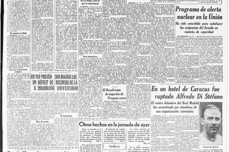 "En un hotel de Caracas fue raptado Alfredo Di Stéfano", consigna LA NACION en su tapa del 25 de agosto de 1963