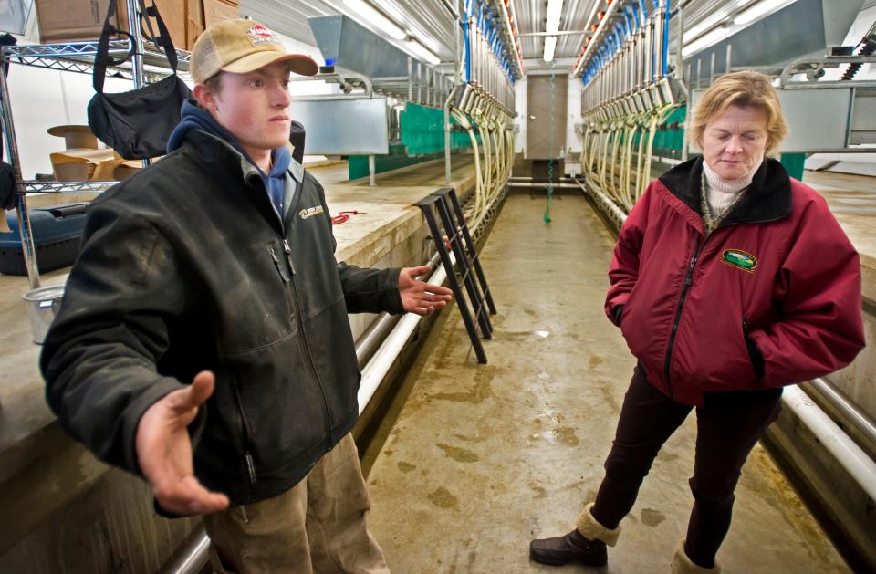 Miles Hooper and Allison Hooper in the milking parlor at the Ayers Brook Goat Dairy in Randolph on March 24, 2014.