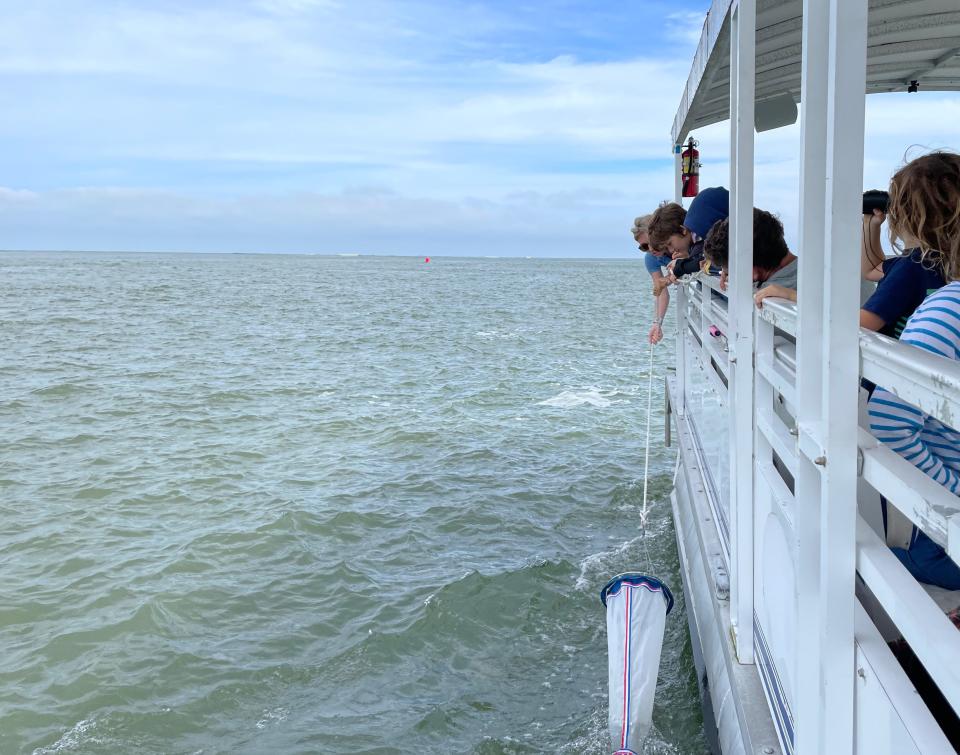 Students and educators on a marine education field trip out of St. Augustine collect water with a bucket off the side of a Florida Water Warriors boat. They later tested the salinity and temperature and viewed plankton under a microscope.